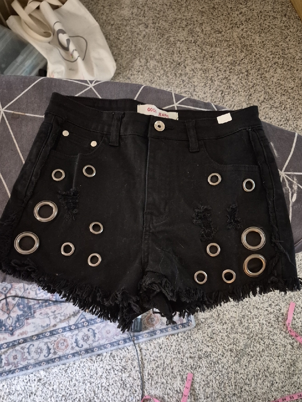 Gogo Jeans Black silver Rivet Distressed High Waisted Shortie Shorts Sz 7